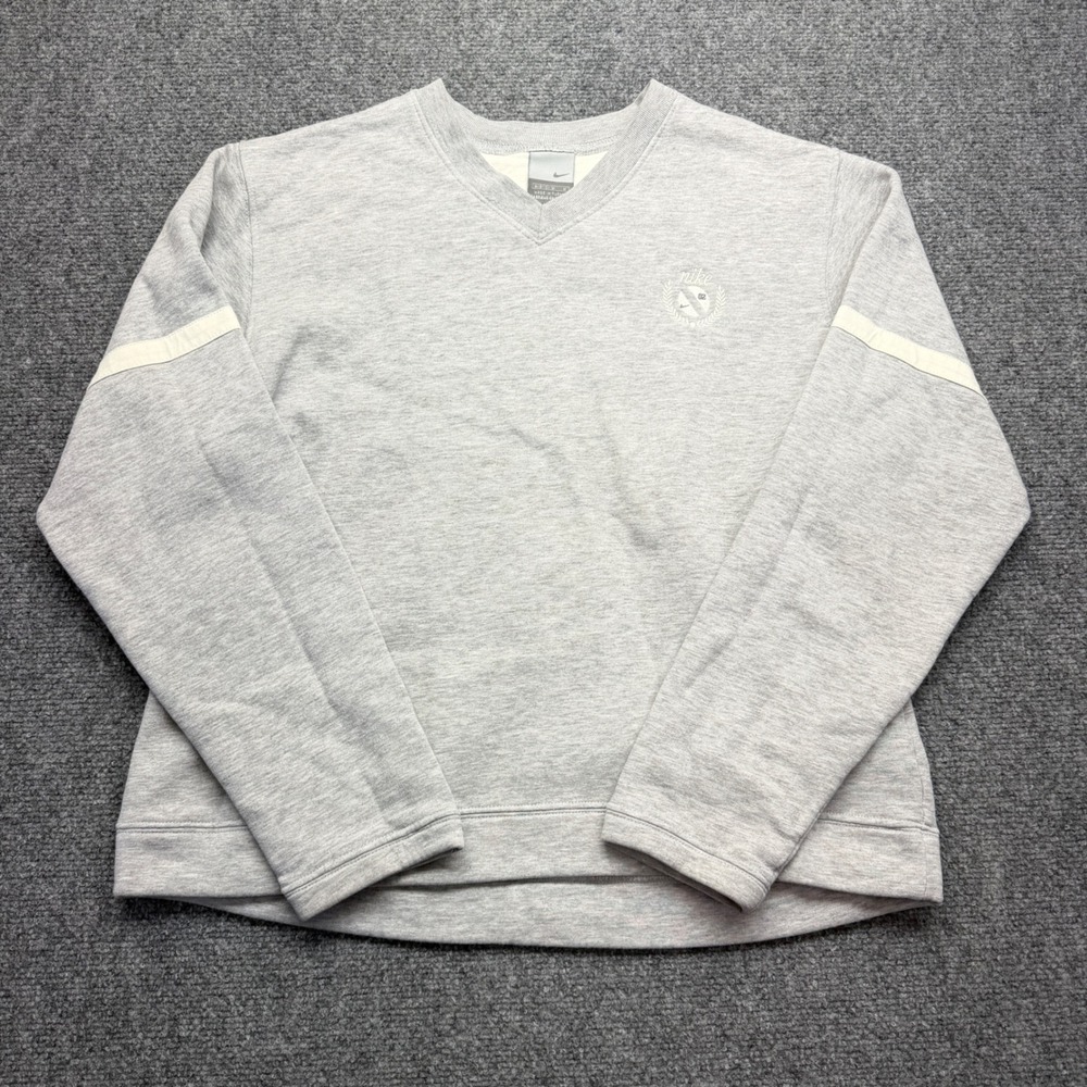 Nike Kids Heather Gray V-Neck Sweatshirt Embroidered Crest Logo Size M 8-10